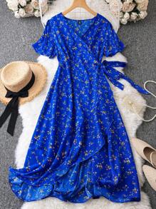 SHEIN Clasi Kích thước lớn In hoa Đầm Với Eo Buộc - Màu xanh lam - Xem 1