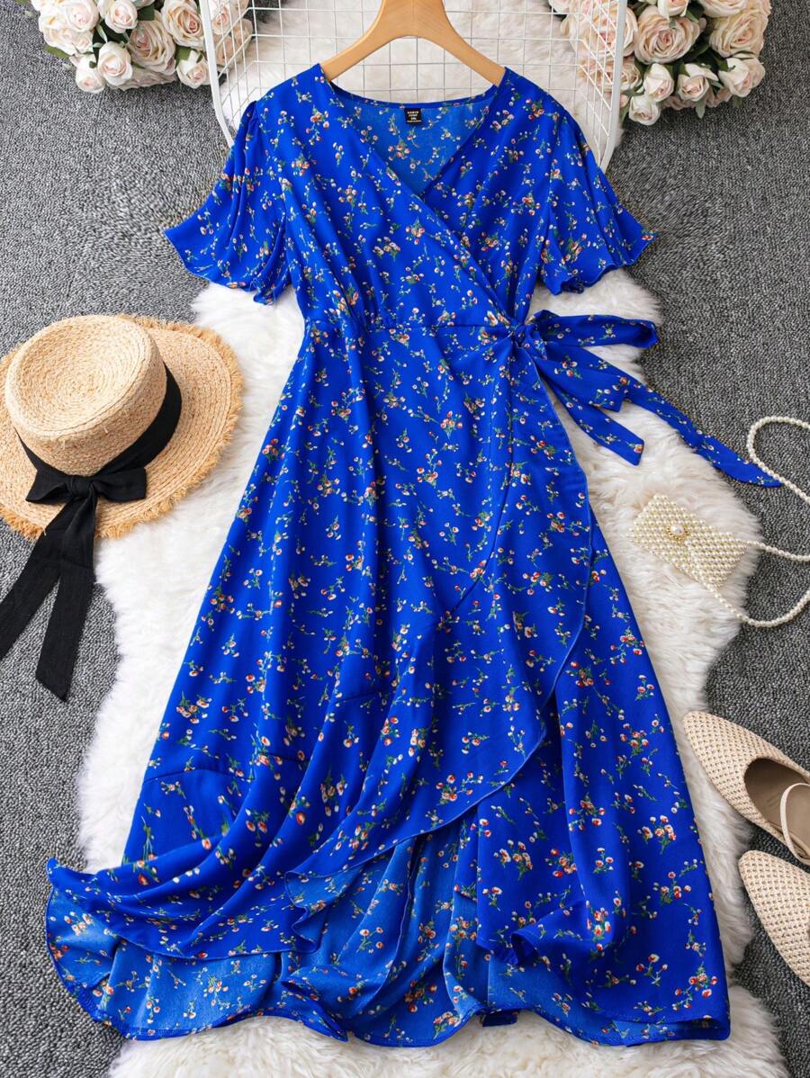 SHEIN Clasi Kích thước lớn In hoa Đầm Với Eo Buộc - Màu xanh lam - Xem 1