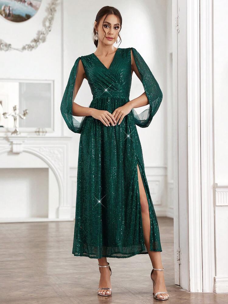 Women's Sequin High Slit Evening Party Dress