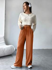 SHEIN EZwear 束口打褶斜口袋直筒西裝長褲 - 橘色 - 查看 4