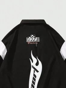 ROMWE MEN Street Life 男士赛车色块字母印花 Polo 衫，适合春夏季日常穿着、上学 - 黑色 - 查看 5