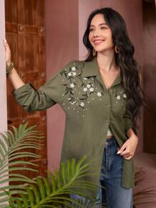 Seusyu Women's Floral Embroidery Long Sleeve Shirt