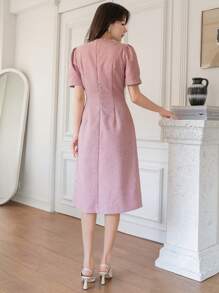 DAZY Vestido de verano de mujer de manga abultada con cuello redondo y unicolor - Rosa - Ver 2