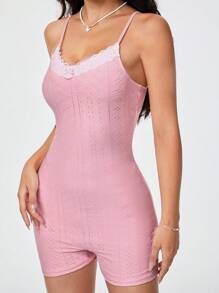 SHEIN Qutie Lace & Hollow Out & Embroidery Patchwork Spaghetti Strap Bodycon Romper - Pink - View 2