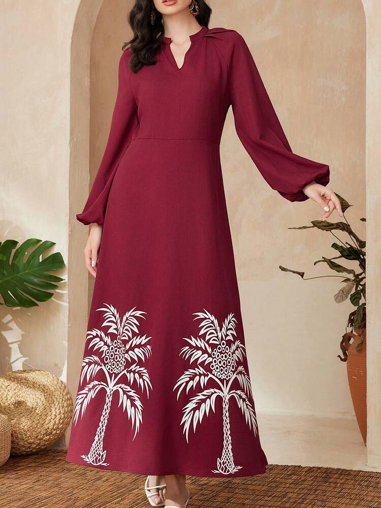 Coconut Tree Print Notched Neckline Lantern Sleeve Dress