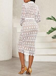 SHEIN Lady Floral Lace Overlay Button Front Shirt Dress - White - View 2