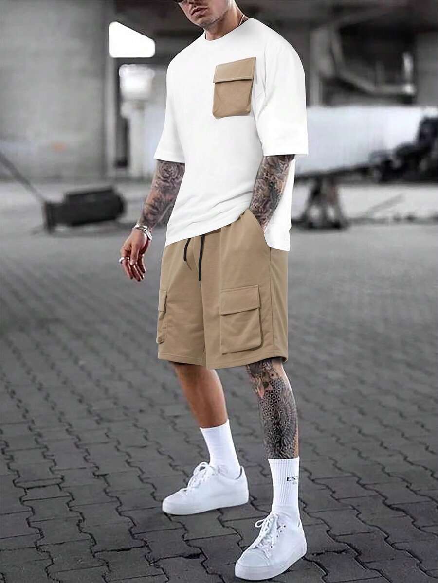 Manfinity Homme Nam Khối màu Flip Túi Áo thun Và Bộ quần short - Nhiều màu - Xem 1