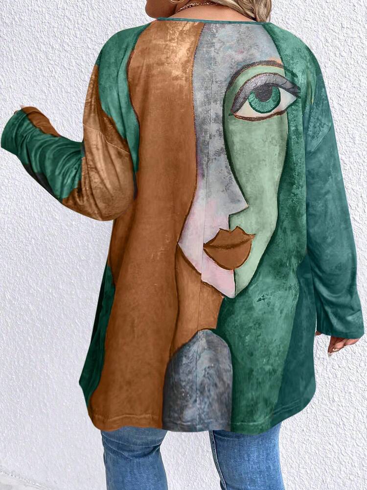 Plus Size Loose Abstract Print V-Neck Long Sleeve Graphic T Shirt