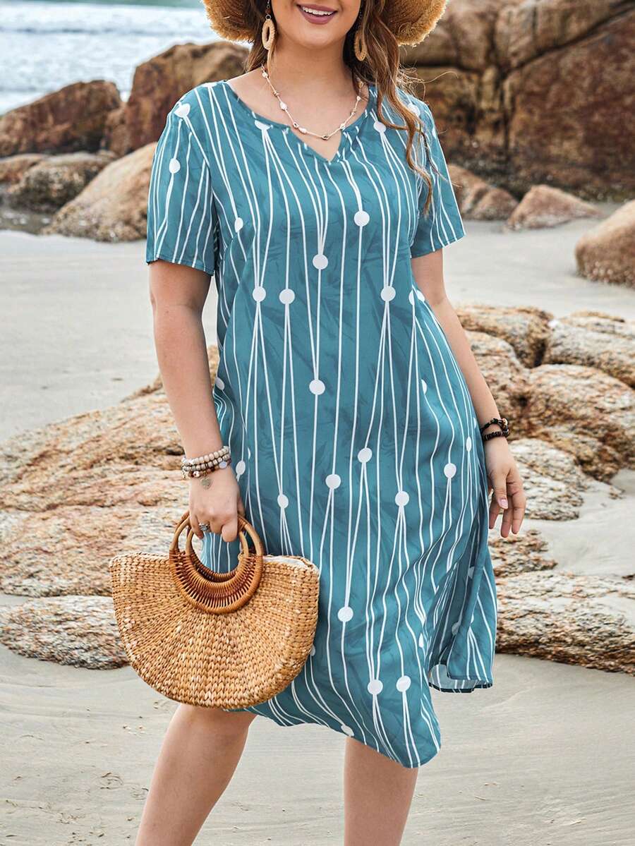 EMERY ROSE Kích thước lớn Của phụ nữ Chấm bi , Sợi dây & Họa tiết Hình học Cổ áo có khía Đầm Với Tròn Cho mùa hè - Nhiều màu - Xem 1