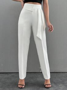 EURMUSE Mujeres Pantalones Blancos Elegantes Con Detalles En La Cintura - Blanco - Ver 1