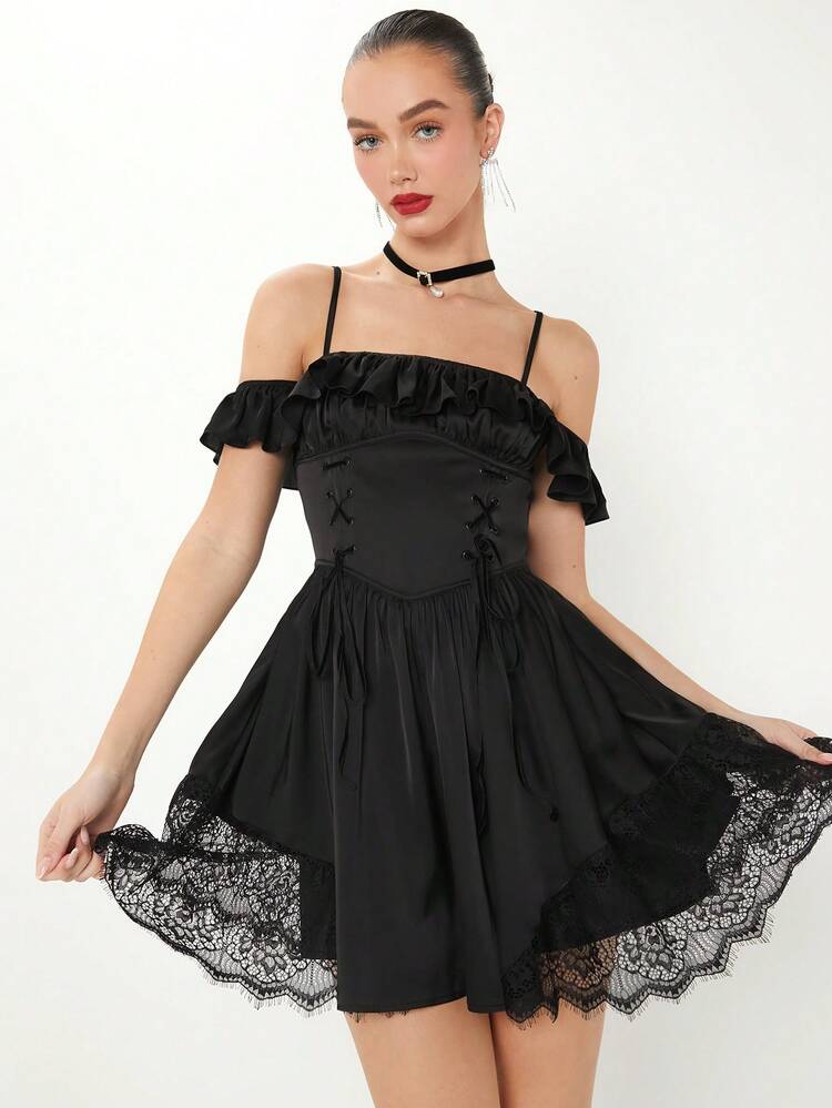 Summer Women's Solid Color Splice Off Shoulder Ruffle Hem Cute Dress