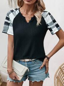 SHEIN LUNE Women's Round Neck Checked Print T-Shirt With Raglan Sleeve - Multicolor - View 1