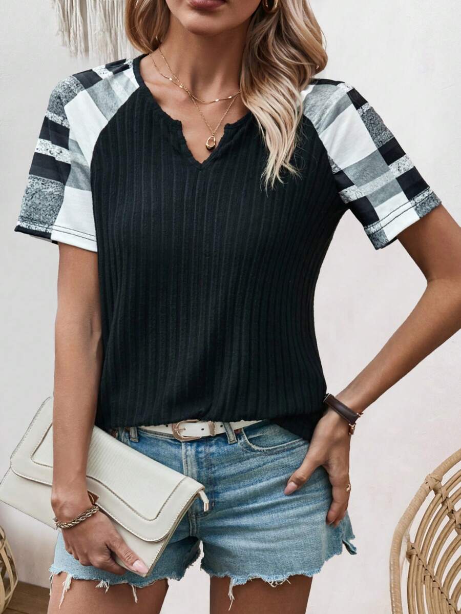 SHEIN LUNE Women's Round Neck Checked Print T-Shirt With Raglan Sleeve - Multicolor - View 1