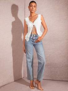 SHEIN BAE 夏季約會和日常穿著的蕾絲拼接蝴蝶結綁帶無袖背心