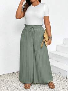 SHEIN Frenchy 大尺碼高腰彈性壓褶寬褲 - 綠色 - 查看 3