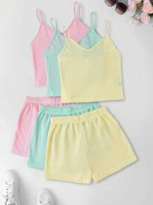 SHEIN LUNE 純色休閒背心上衣和彈性腰帶短褲套裝 - 彩色 - 查看 1