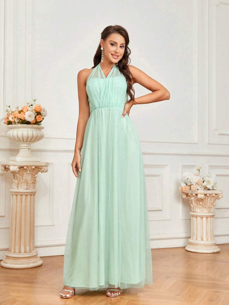 Wonem's Romantic Flowing Dress Hem Saint Patrick Day Clover Shamrock Light Green Color Lace And Mesh Contrast Halter Neck With Ribbon Bow Detail Detachable Multi-Wear Garment Bridesmaid Dress (Adult)