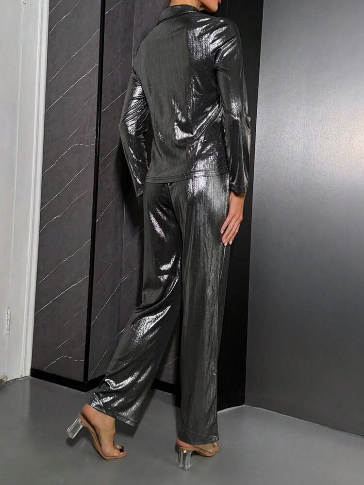 Women's Metallic Textured Long Sleeve Shirt And Pants 2pcs/Set Fall Cloth For Women