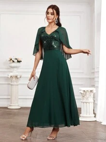 SHEIN Belle Kim sa Vá lại Cổ chữ V Vòng eo đế chế Váy phù dâu - màu xanh lá - Xem 5