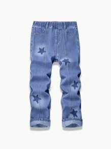 SHEIN Tween Boy Water-Washed Casual Fashionable Star Pattern Denim Pants - Blue - View 6