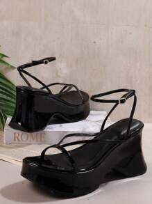 SHUZIA Women's Solid Color Thin Strap Wedge Sandals With Thick Platform Sole - Black - View 2