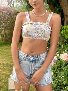 SHEIN Unity 短款束腰背心上衣,鬆緊邊和花卉印花設計 - 彩色 - 查看 5