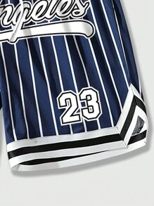 ROMWE MEN Prep Men Building & Letter Graphic Drawstring Waist Mesh Basketball Shorts, School - Navy Blue - View 3