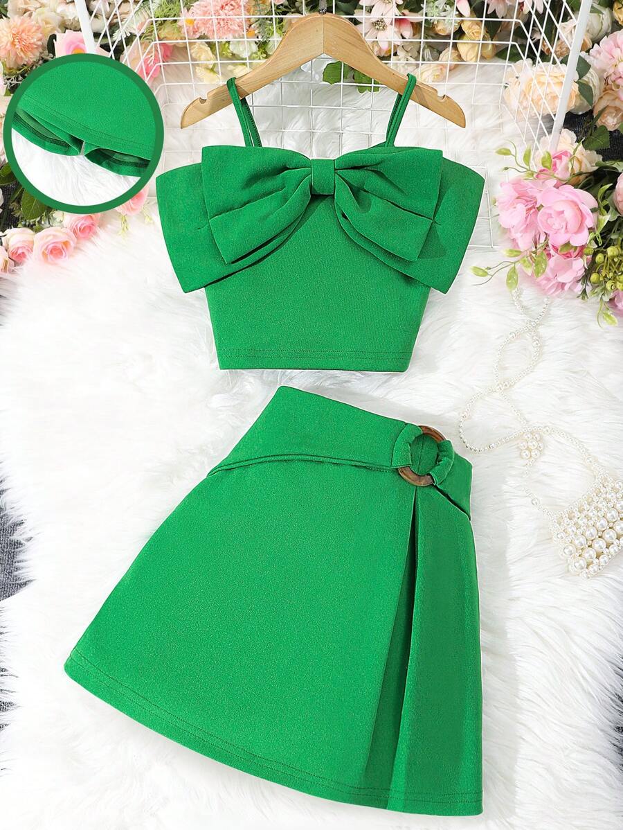 SHEIN Tween Girls' Solid Color Cami Top & Skort 2pcs Outfit With Bowknot - Green - View 1
