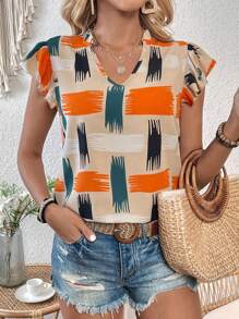 SHEIN LUNE 幾何圖案荷葉邊上衣