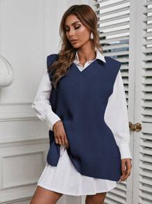 EURMUSE Women's Side Split Knit Sweater Vest - Navy Blue - View 5