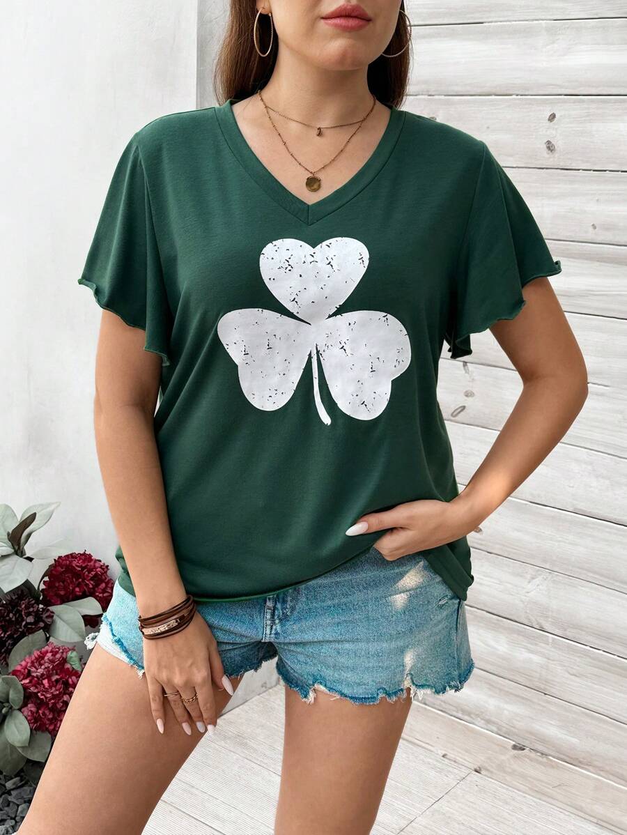 SHEIN LUNE Kích thước lớn Của phụ nữ Màu xanh lá Giải trí Ngày St. Patrick Cỏ ba lá Mẫu Cổ chữ V Ngắn tay Áo thun - màu xanh lá - Xem 1