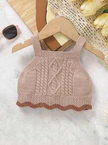 Em bé Cô gái Khối màu Cable Dệt kim Không tay Áo len Với - Màu Khaki - Xem 1
