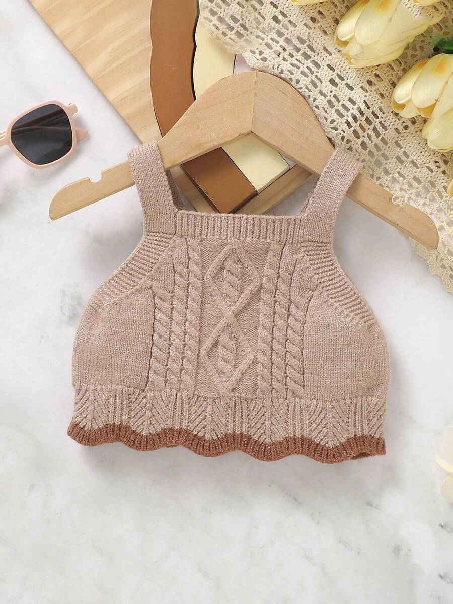 Em bé Cô gái Khối màu Cable Dệt kim Không tay Áo len Với - Màu Khaki - Xem 1