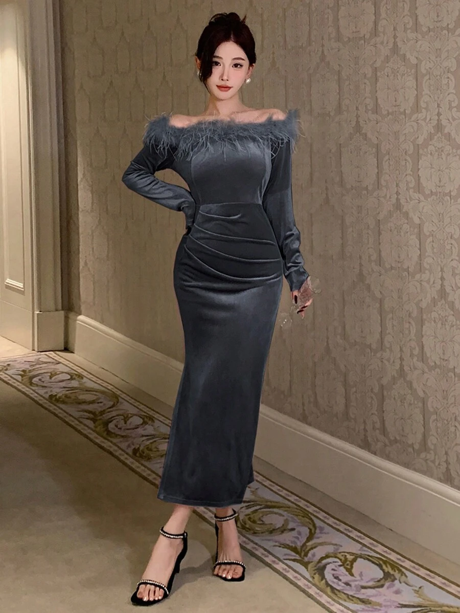 DAZY 女士羽毛拼接露肩长袖修身连衣裙，生日舞会礼服，秋季优雅女装连衣裙 - 灰色 - 查看 1