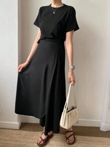 DAZY Conjunto de dos piezas para mujer con top de cuello redondo de unicolor y falda envolvente - Negro - Ver 2