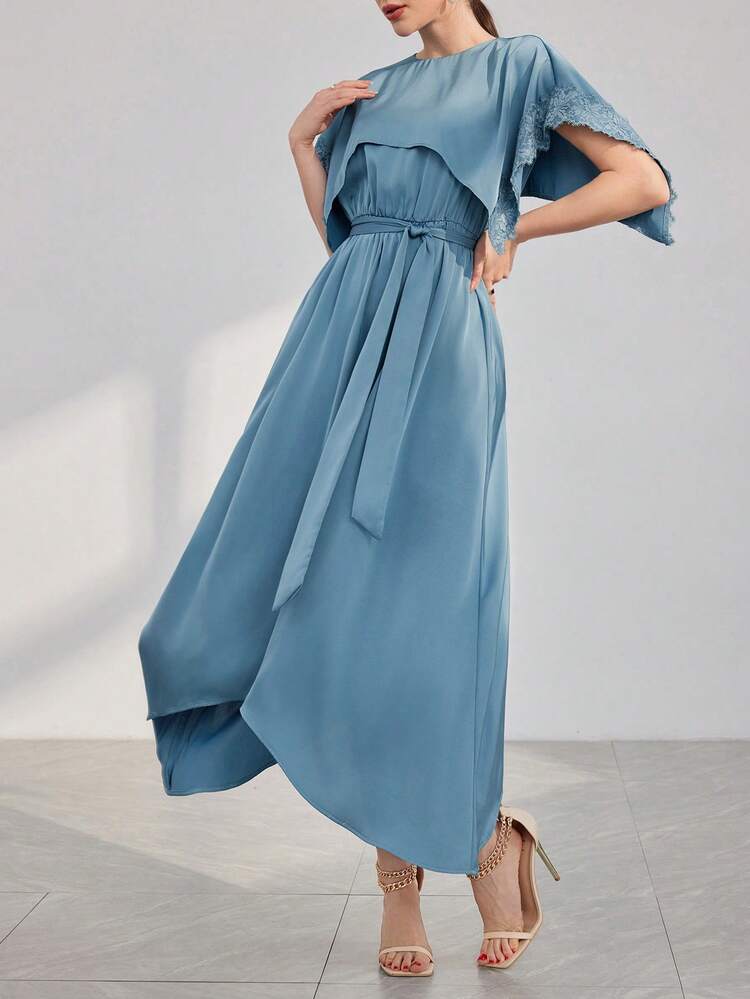 Lace Splice Round Neckline Empire Waist Dress Long Evening Dresses