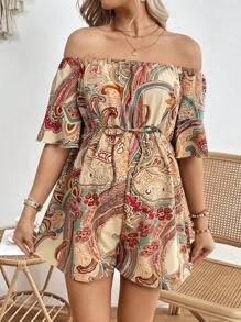SHEIN Paisley Printed Maternity Off Shoulder Drawstring Waist Romper - Multicolor - View 4