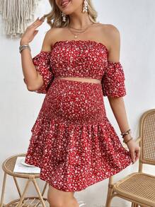 SHEIN Maternity Floral Off-Shoulder Top And Ruffle Hem Skirt Two-Piece Set - Burgundy - View 4
