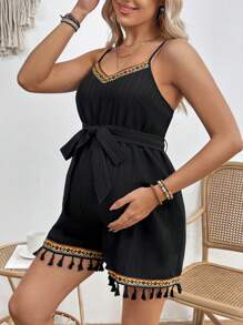 SHEIN Maternity Tape Patchwork Fringe Hem Spaghetti Strap Romper