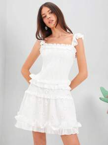Enchnt Spring Summer Women's Solid Color Hollow Out Embroidered Patchwork Ruffled Hem Spaghetti Strap White Bridal Shower  Dress - White - View 2