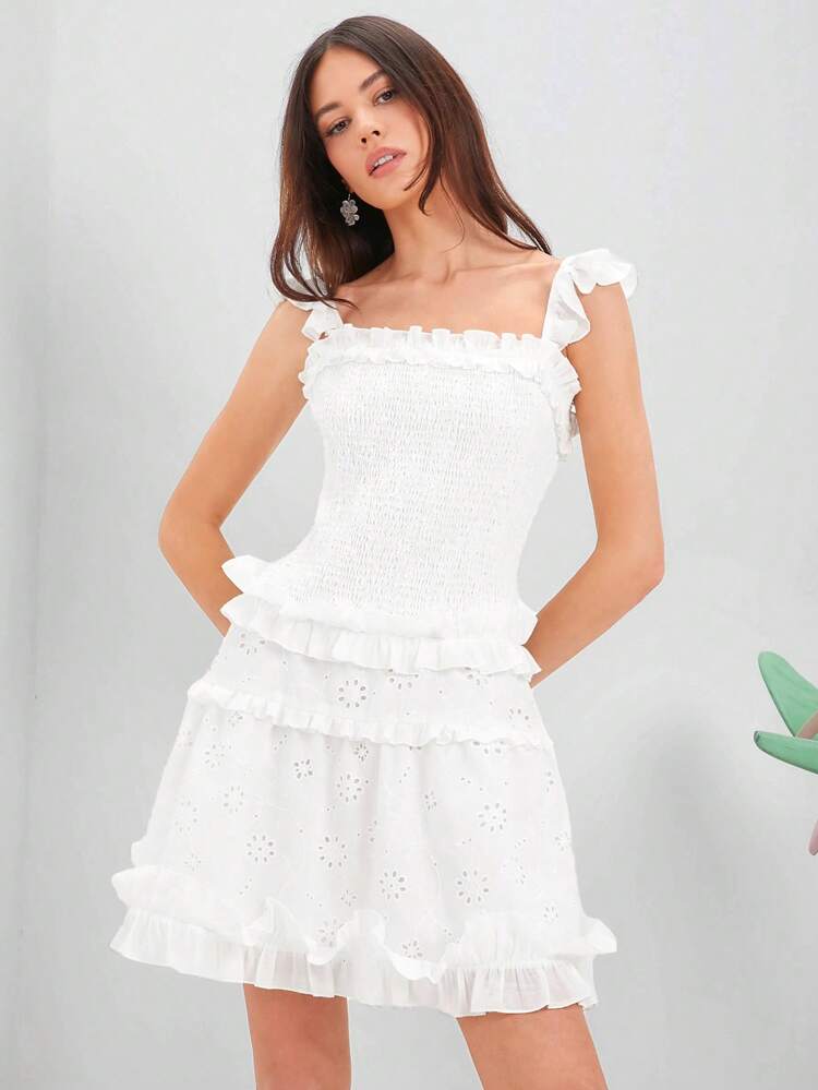 Spring Summer Women's Solid Color Hollow Out Embroidered Patchwork Ruffled Hem Spaghetti Strap White Bridal Shower  Dress