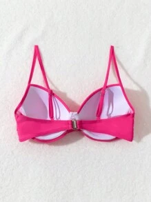 SHEIN Swim Màu thuần Cổ chữ V Áo bikini dây đeo cổ - Màu Hồng Tươi - Xem 2