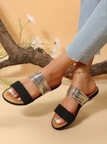 New Women's Flat Roman Slide Sandals With Gold Straps, Khaki Color, One-Strap Style (Size Runs One Size Large) - Black - View 6
