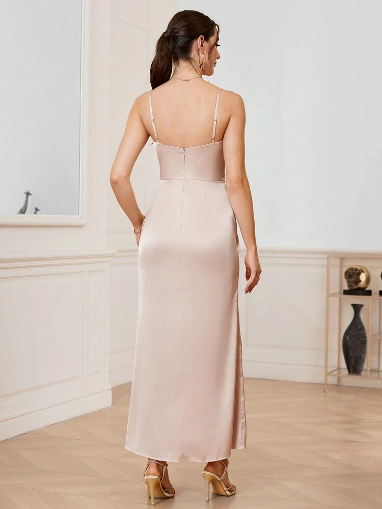 Solid Color Pleated Slit Design Bridesmaid Dress With Spaghetti Straps