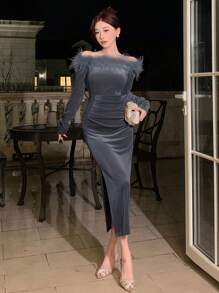 DAZY 女士羽毛拼接露肩长袖修身连衣裙，生日舞会礼服，秋季优雅女装连衣裙 - 灰色 - 查看 2