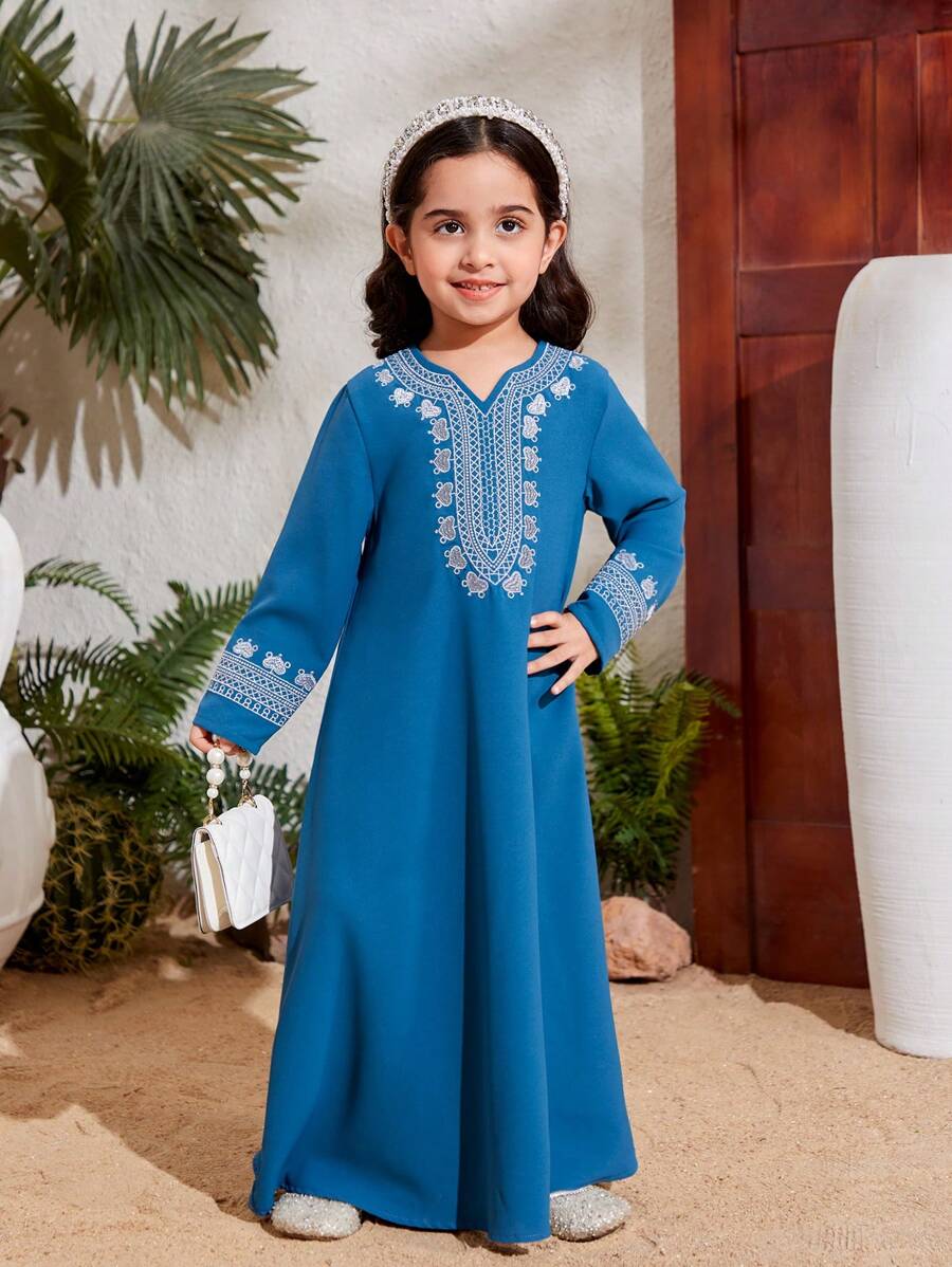 SHEIN Young Girl Patchwork Lace Straight Dress - Blue - View 1