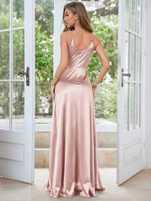 MUXXN Đầm dạ hội cổ chữ V xẻ cao đến đùi kiểu thập niên 1950, thích hợp cho tiệc tùng, đám cưới hoặc các dịp trang trọng khác. - Màu Hồng baby - Xem 2