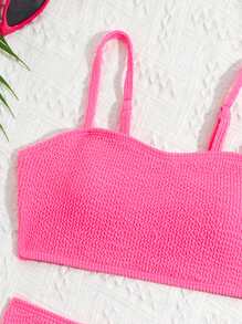 Conjunto de bikini textureado de unicolor para niña preadolescente, conjunto de bikini separado para playa de verano - Rosa Fucsia - Ver 5