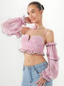 Enchnt Summer Spring Flower Print Cropped Holiday Top With Ruffle Hem And Trim - Pink - View 1