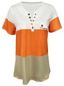 Color Block Short Sleeve T-Shirt With Decorative Metal Buckle And False Pocket